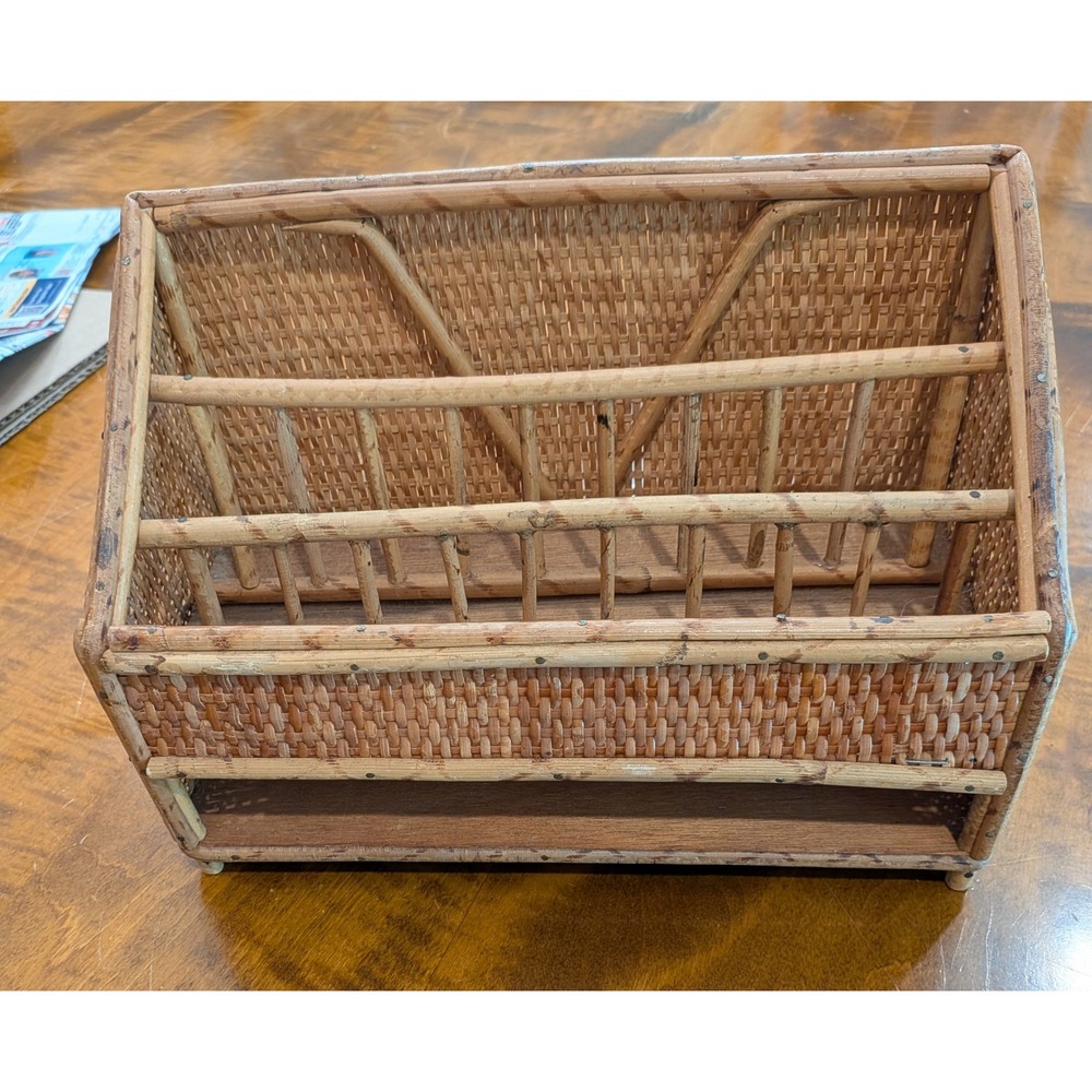 Vtg Bamboo Rattan Letter Holder Mail Organizer Storage Caddy Desk Sorter